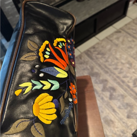 Consuela Navy Blue LEATHER RARE Classic Tote Beautiful Embroidery - Picture 14 of 15